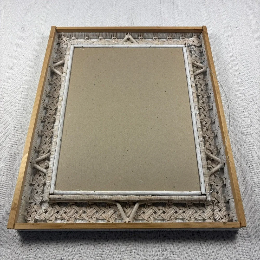 Vintage Rectangular White Wicker Mirror 1970's Cottage Core 21 x 17 Wall Mount